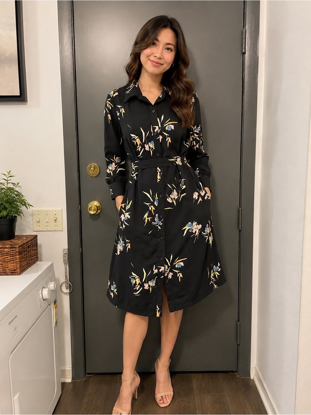 a new day Black Floral Long-Sleeve Shirt Dress
